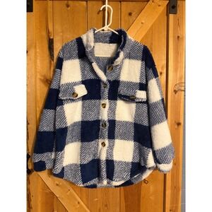 Womens Plaid Sherpa Fleece Shacket‎ Jacket Oversized Blue White XL
